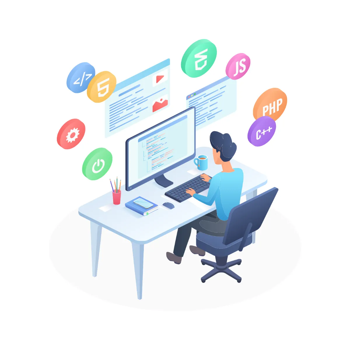 プログラミング言語のアイコンに囲まれ、パソコンで作業する人のイラスト